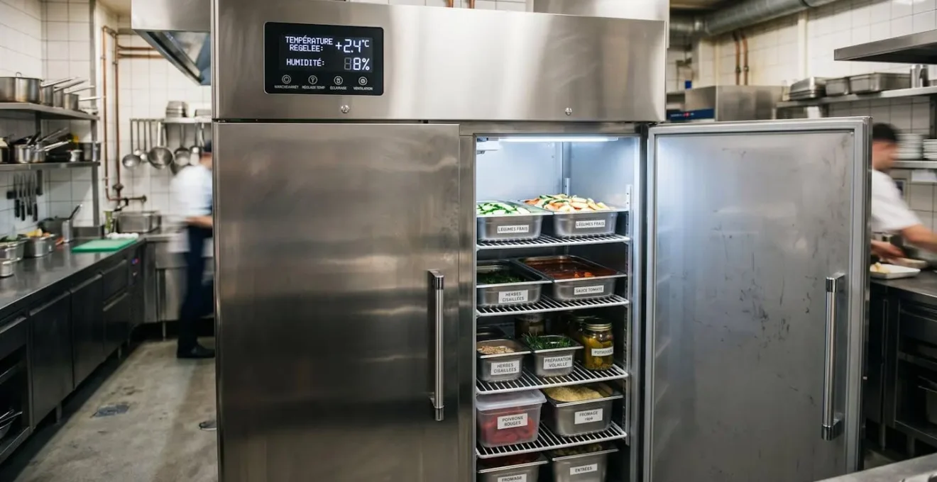 Armoire réfrigérée professionnelle double porte en inox, porte entrouverte montrant l'organisation intérieure avec bacs GN et panneau de contrôle température
