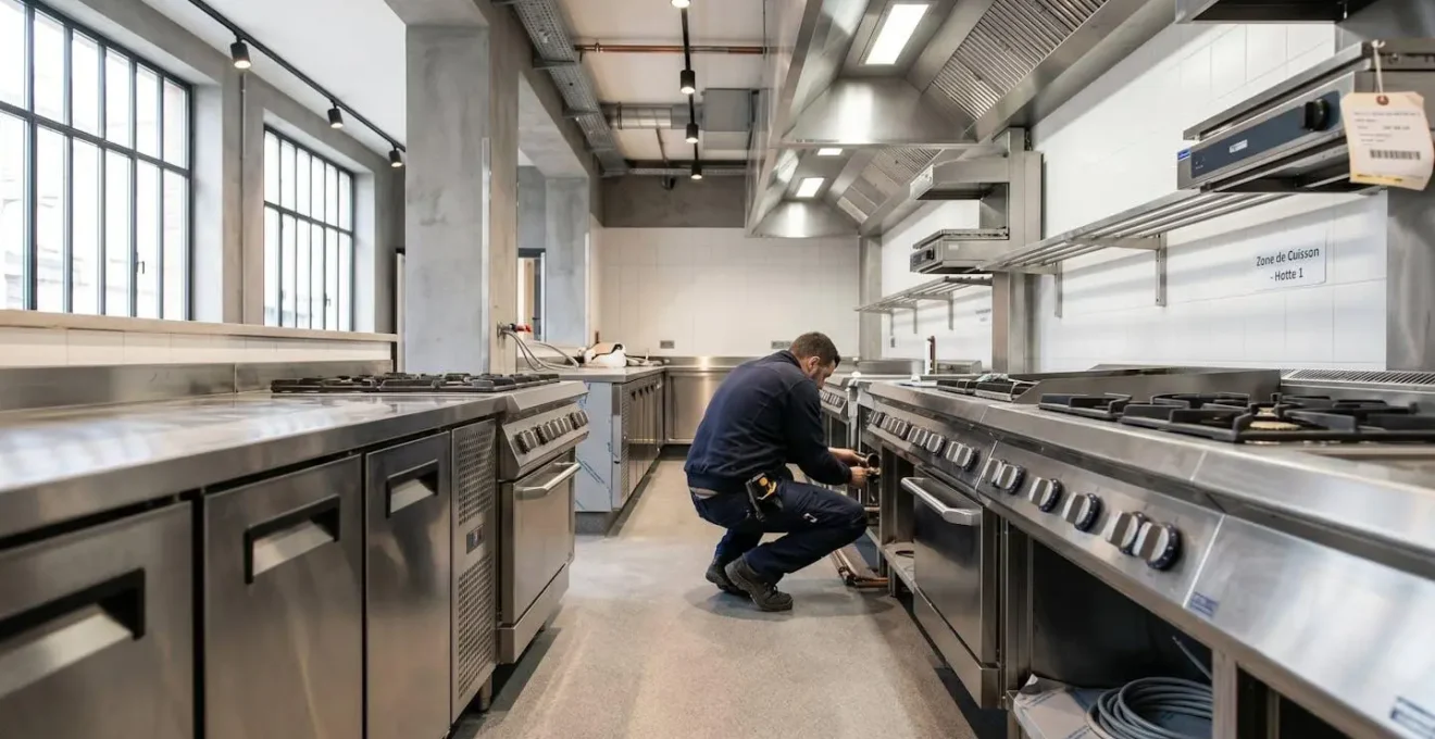 Cuisine professionnelle de restaurant en cours d'installation avec armoires réfrigérées inox et fourneaux, technicien vérifiant les branchements dans un espace lumineux aux normes CHR