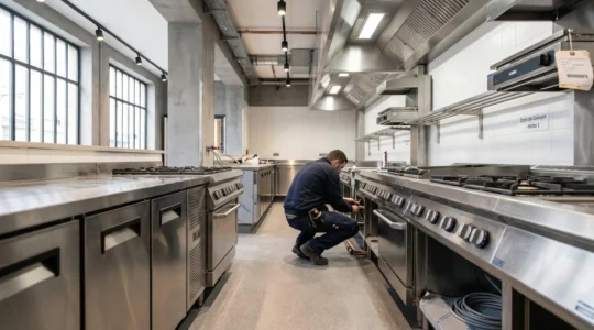 Cuisine professionnelle de restaurant en cours d'installation avec armoires réfrigérées inox et fourneaux, technicien vérifiant les branchements dans un espace lumineux aux normes CHR