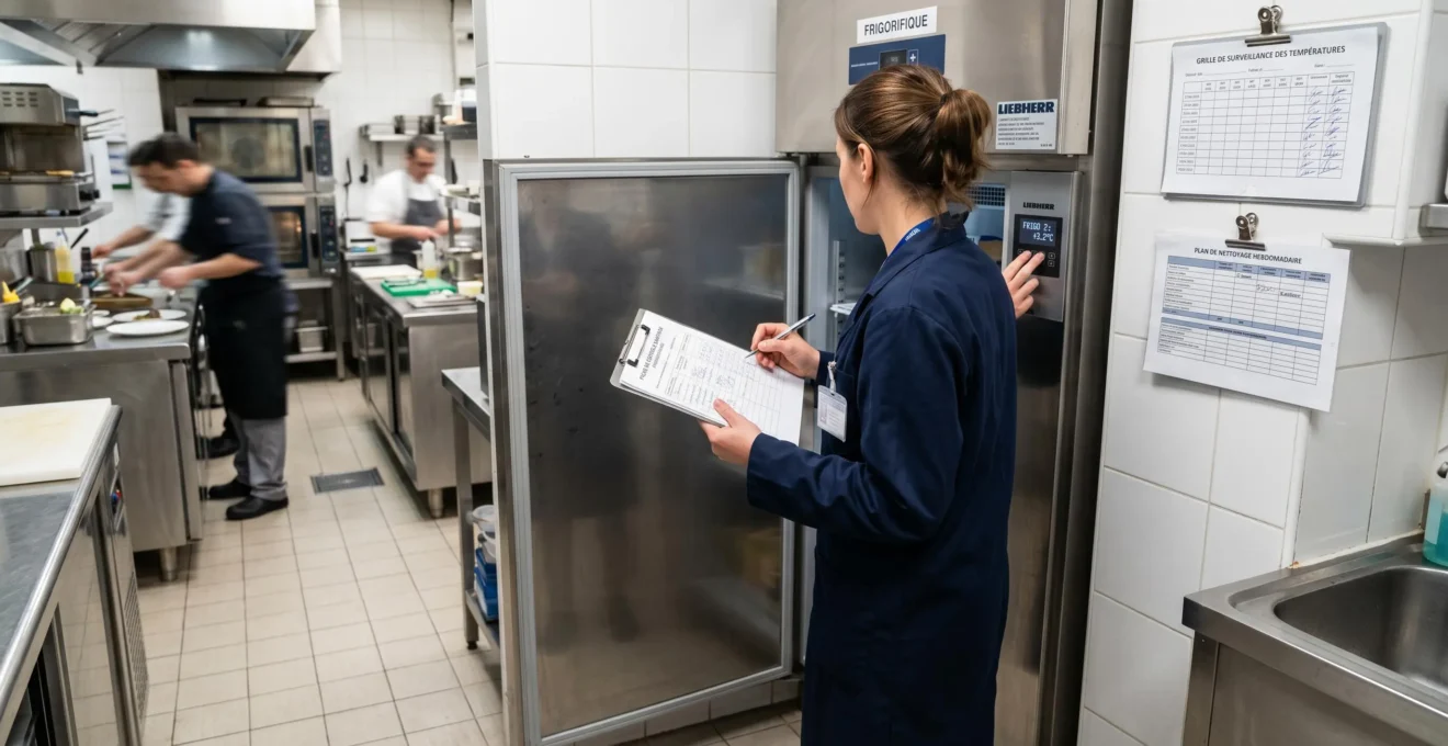 Inspecteur sanitaire en tenue professionnelle contrôlant les températures d'une armoire frigorifique dans une cuisine de restaurant, tablette en main