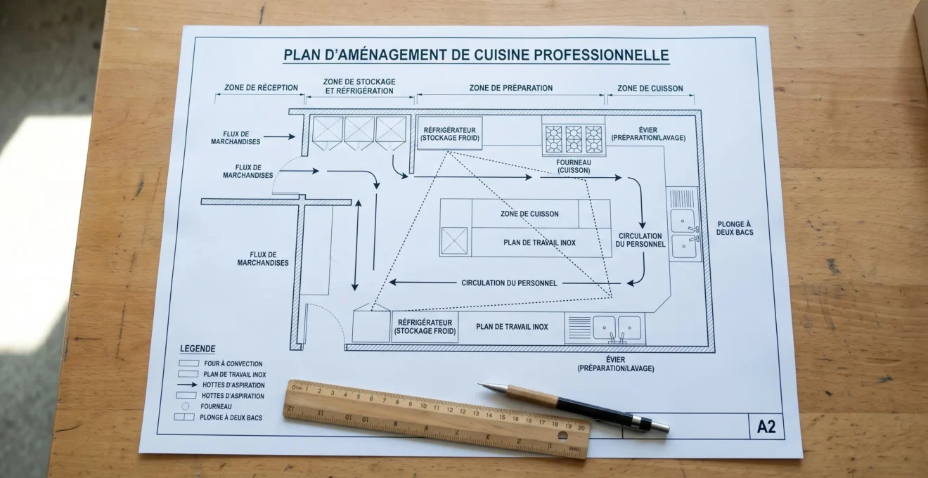 Plan d'aménagement de cuisine professionnelle vue du dessus, montrant zones froid-cuisson-préparation et flux de circulation avec annotations en français